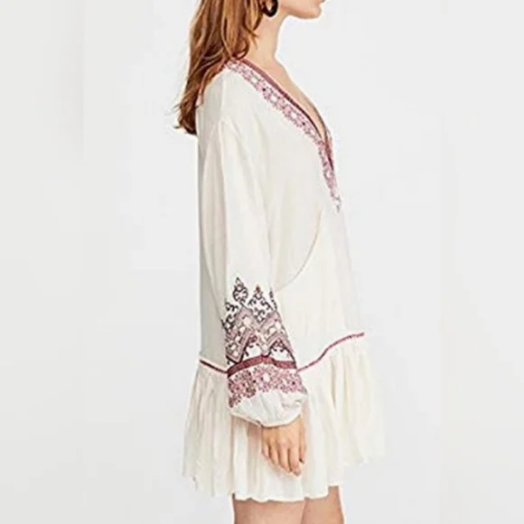 Free People Wild One Embroidered Balloon Sleeves Oversized Mini Dress Size M - Picture 3 of 10